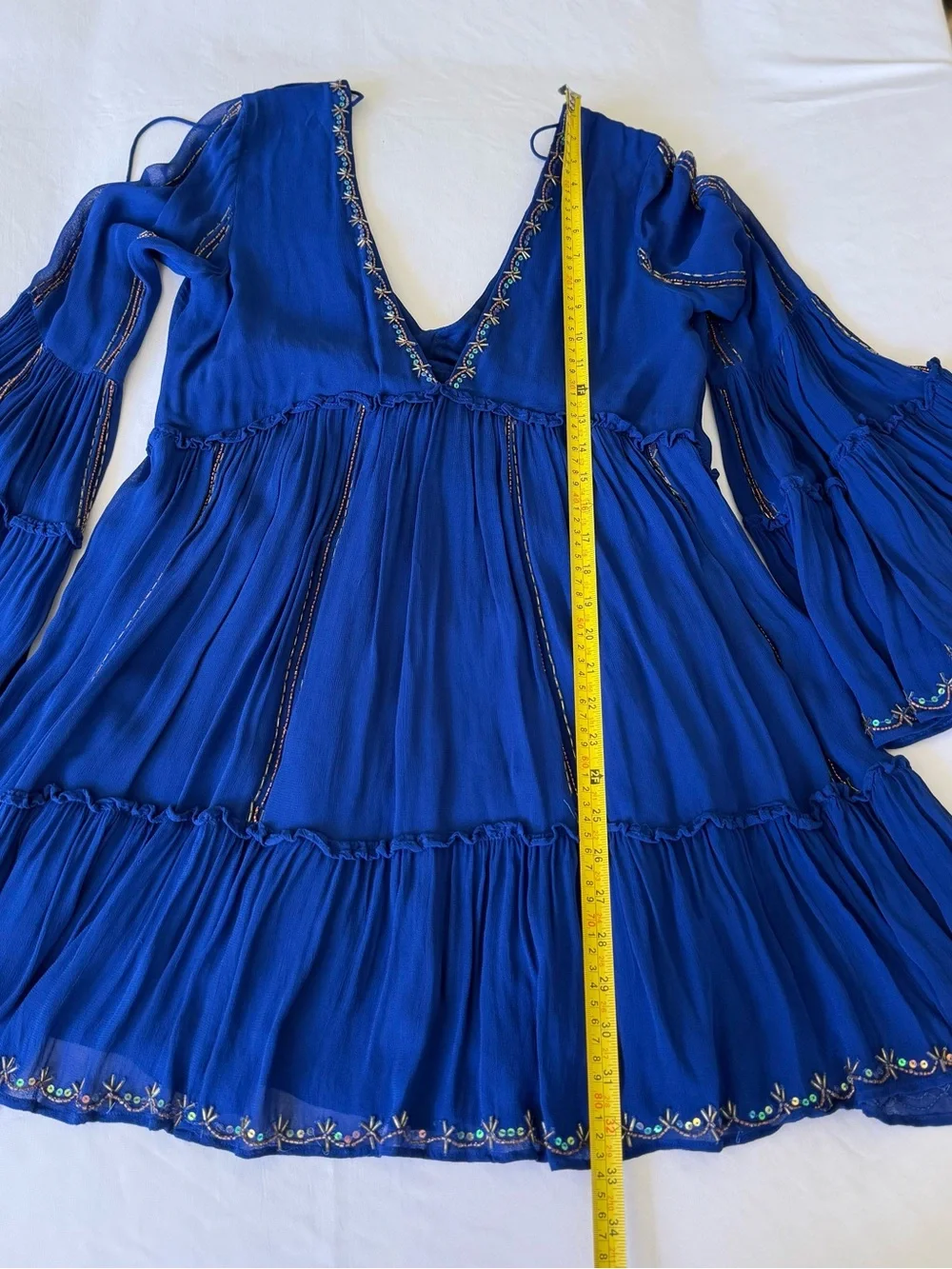 Free People Rare V-Neck Embroidered Mini Dress - Royal Blue XS